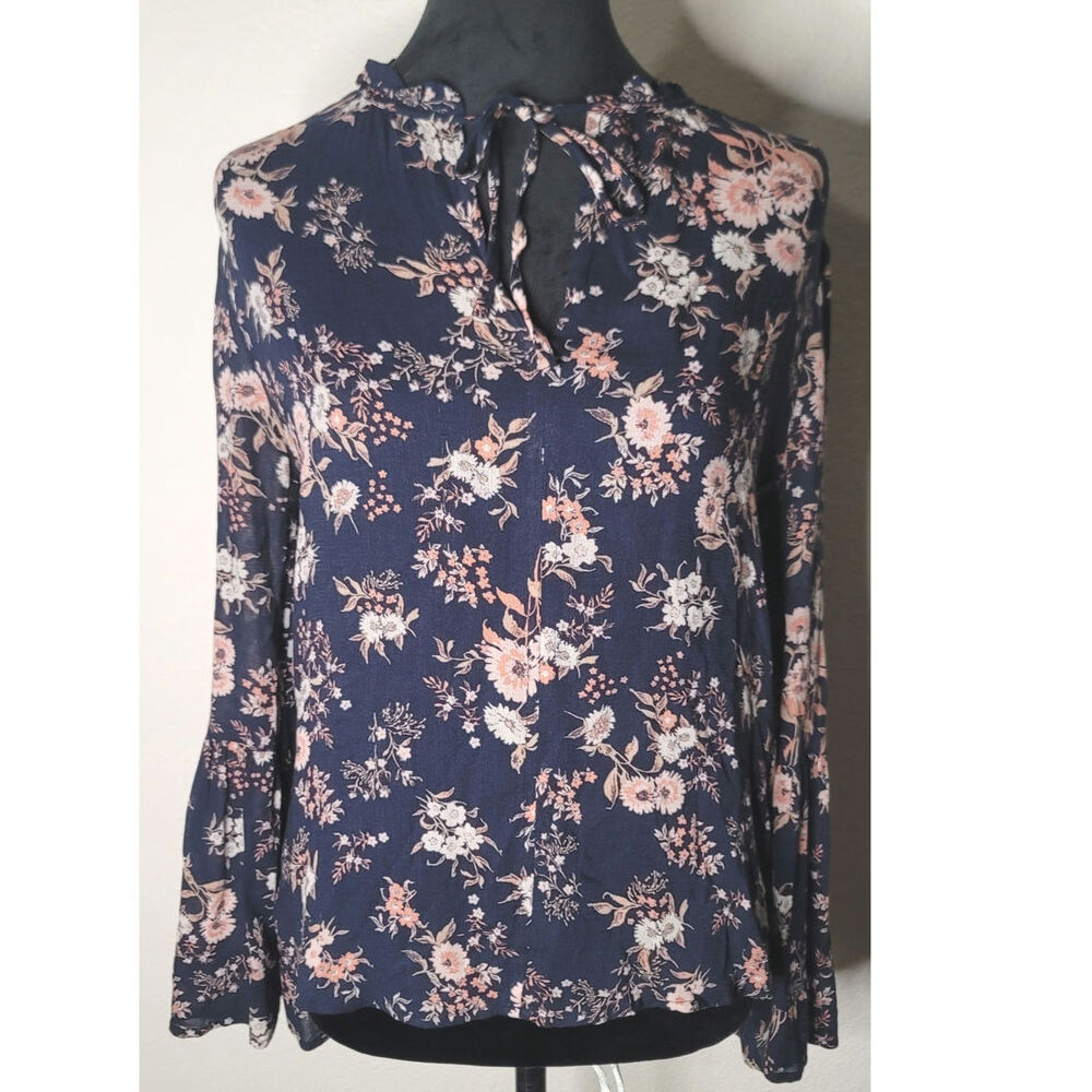 Lucky Brand Navy Peasant Top Long Bell Sleeves Pink Floral Pattern Women's Small